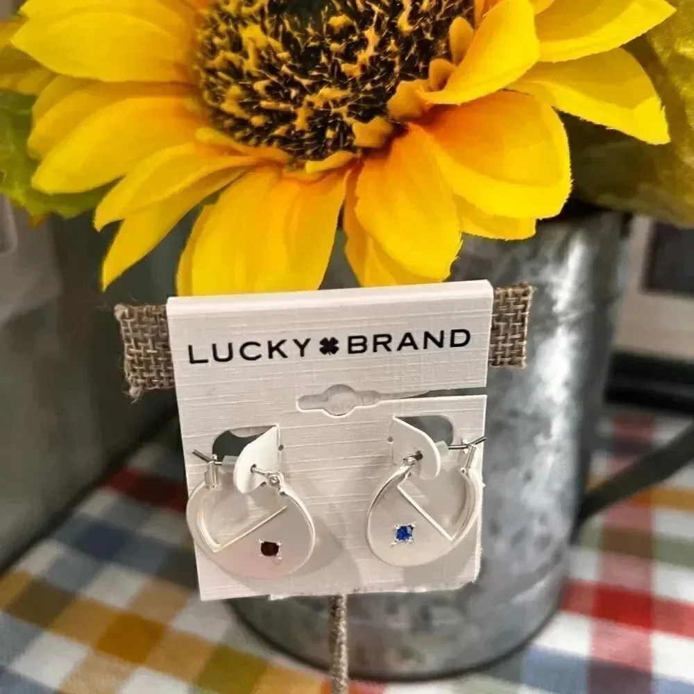 NWT Lucky Brand Silver Red & Blue Pavé Sliced Hoop Earrings #LBER2